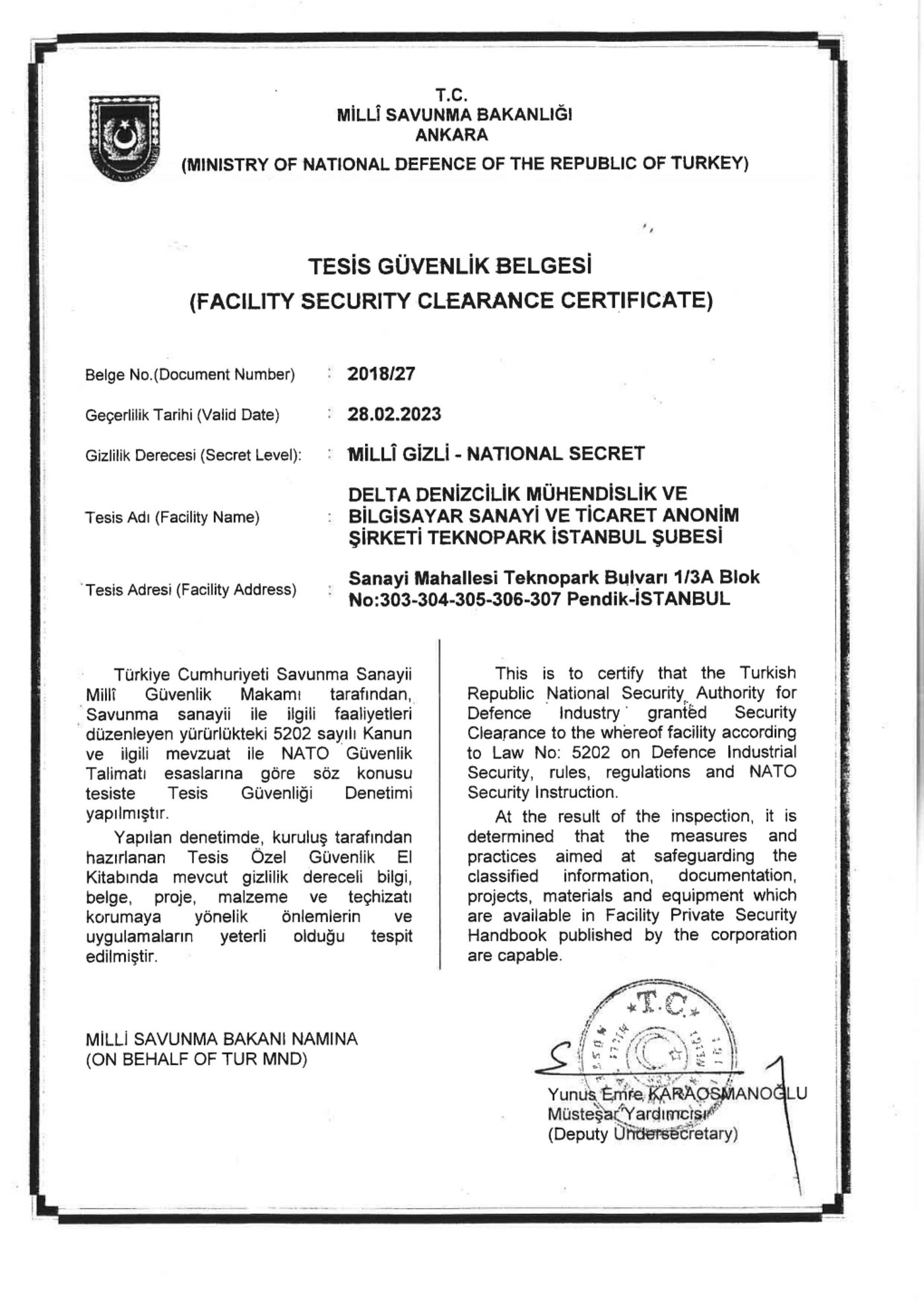 Delta Marine Obtained National and NATO Facility Security Clearance Certificate